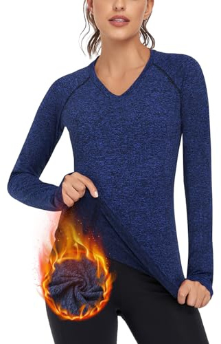 Soneven Camiseta de Manga Larga para Correr para Mujer con Agujero para el Pulgar Capa Base Térmica de Compresión Tops de Forro Polar para Mujer Camiseta Ligera Deportiva Top de Yoga Secado Rápido