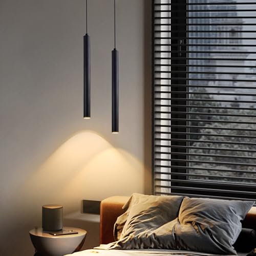 CRFASIBE 2 Stück LED Pendelleuchte, 3W 3000K Warmweiß Kücheninsel Pendelleuchte, Schwarzer Zylinder Kronleuchter Hängelampe für Schlafzimmer Wohnzimmer Bar Theke