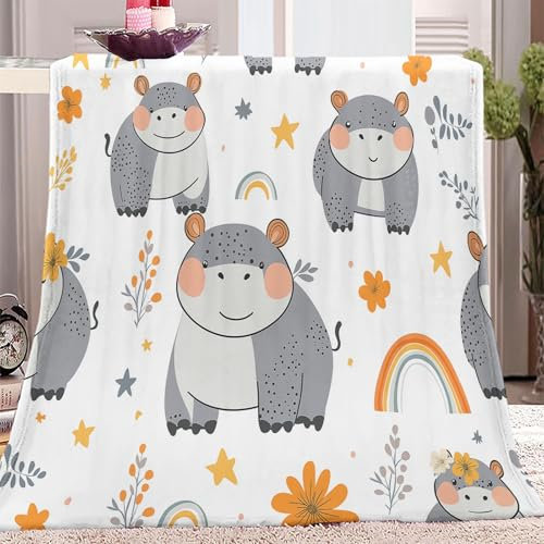 Kuscheldecke Flanell Decke Cartoon Nilpferd Kleine Blumen Warm Kuscheldecke Weiß Sherpa Weich Drucken Kuscheldecke für Kind Erwachsene Schlafzimmer 180 x 220 cm Decke