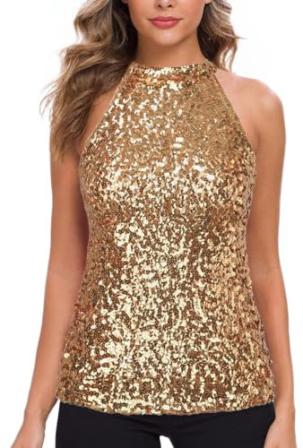 Foweknow Top de mujer con brillo, sin mangas, para club y fiesta, con escote Halter, para noches de fiesta, camisa de tirantes, atuendo de graduación, dorado, Talla única