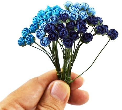 KADADSA 45 pcs Tiny Artificial Roses Blue Shade Mulberry Paper Flower Flower Wedding Scrapbooking (Blue Shade 0.25-in/0.5-cm.)