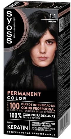 SYOSS Permanent Color 1-1 svart, hårfärg och intensiv keratinmask, för professionell täckning av grått hår, långvarig färg och intensivvård