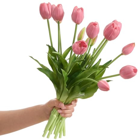Amore Florals 15 tulipani artificiali, tulipani finti, realistici al tatto, in lattice, bouquet di fiori finti, per matrimoni, ufficio, feste, decorazione della casa, centrotavola (rosa scuro)