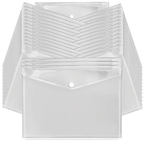 G4GADGET A4 Clear Plastic Wallets – Pack of Popper Document Folders with Label Pocket & Snap Button – Transparent Plastic Envelope for Home, Office, School & Travel (30)