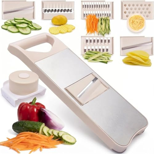 NACOLUS 6-Blade Mandoline Slicer with Slide-On Hand Guard - Vegetable Slicer, Potato/Onion/Garlic Slicer, Kitchen Grater(Multi-Color) (Beige, 6-in-1)
