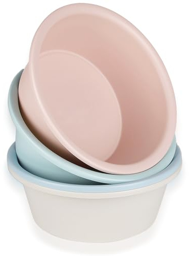 Nexboraque 4 Pack Round Plastic Wash Basin, 5 Quart Stackable Small Camping Basin Tub for Washing Face, Fruit, Dishes, Bottles, Home Kitchen Sink, 4 Colors, 29.5 x 10.9 cm