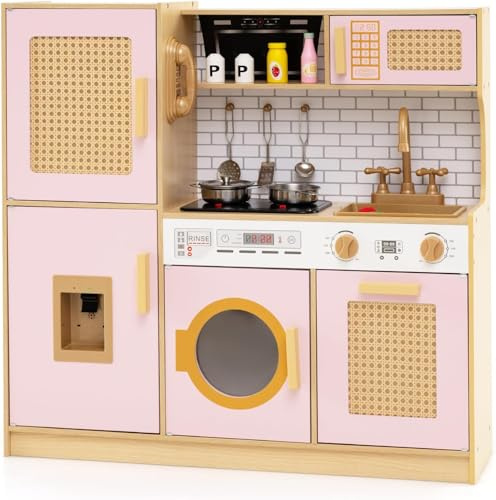 RELAX4LIFE Cucina Giocattolo per Bambini, Effetti Sonori e Luminosi, Gioco Cucina in Legno con Frigo, Microonde, Forno, Lavatrice, Mini Cucina per Bambini 3-6 Anni (Rosa)