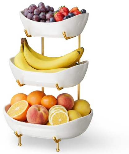 Josmimic 3 Tier Ceramic Fruit Bowl for Kitchen Counter – Fruit Basket with Gold Metal Stand, Fruit Holder for Snacks, Nuts, Cakes, Desserts, Bread, Candy Storage