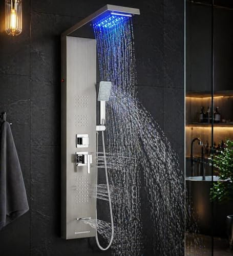 Pannello doccia a LED in acciaio inox con rubinetto, 5 modalità di uscita dell'acqua, a cascata, 2 ugelli per massaggio del corpo, doccetta a parete, set doccia spazzolato