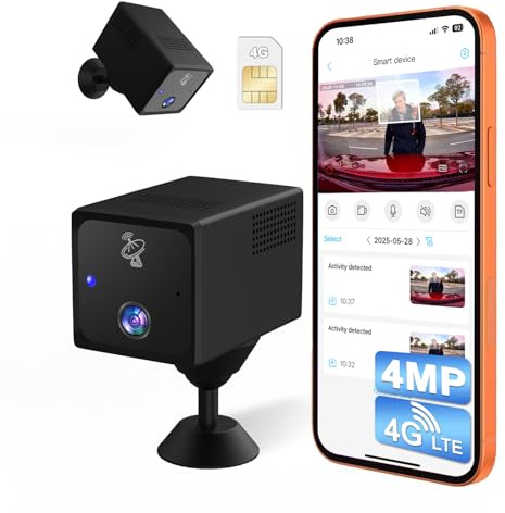 UCOCARE Telecamera con SIM, Telecamera con SIM 4G da Esterno, 4MP HD Mini Dash Cam Auto senza Fili, Batteria 5200mAh, Rilevamento Movimento Radar, Visione 160°, Visione Notturna