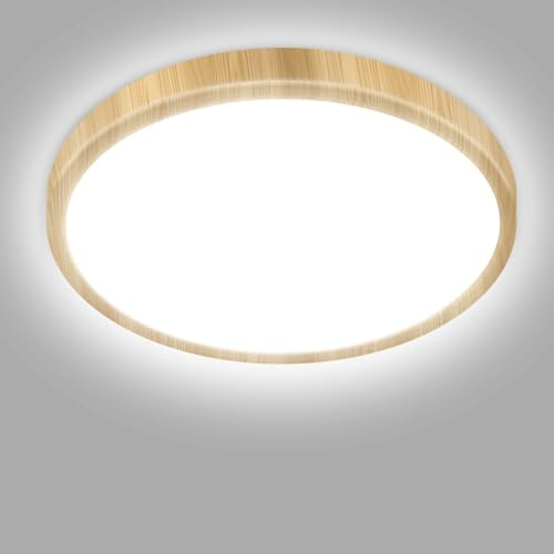 hepside Bathroom Light, 3000K/4000K/6500K 3 Color Temperature, Waterproof, Utility, Round, Modern, Flush Ceiling Light for Bulkhead, Kitchen, Hallway Ø22CM(Wood)