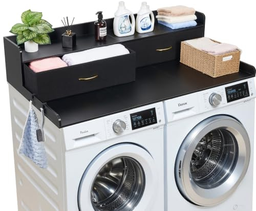 VEVOR Piano di Lavoro per Lavatrice e Asciugatrice con Ripiano 137 x 69,9 cm, Piano d'Appoggio per Lavatrice con 2 Cassetti Integrati e Ganci, Struttura in Legno con Ampia Superficie di Lavoro, Nero