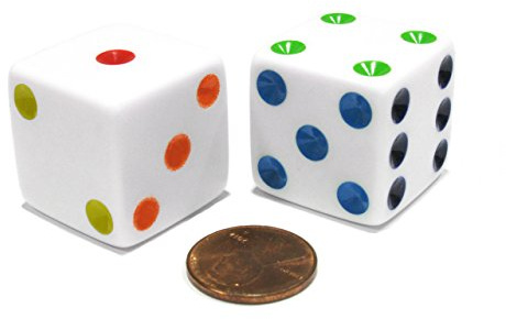 Set of 2 D6 25mm Large Opaque Jumbo Dice - White with Multicolor Pips