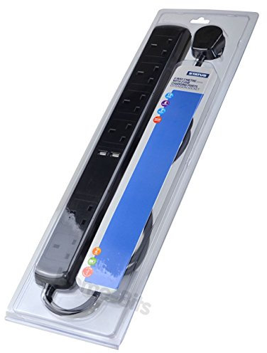 STATUS Multi Plug Extension | 6 Socket Extension Cable with 2 USB Charging Ports| 13A Thermal Cut Out | Black 2m Extension Lead | S6W2M2XUSB1PK4