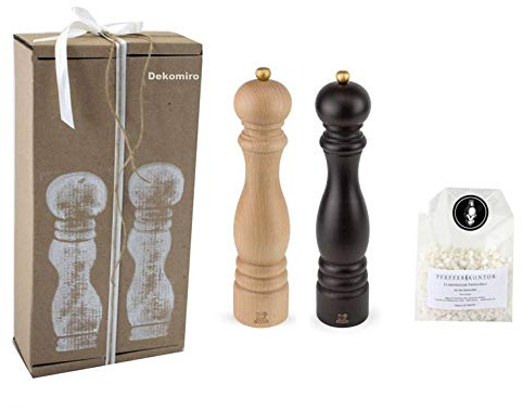 Dekomiro Peugeot Set Paris Pfeffermühle Schoko und Salzmühle Natur 30 cm Geschenkset mit 100 gr. Salz
