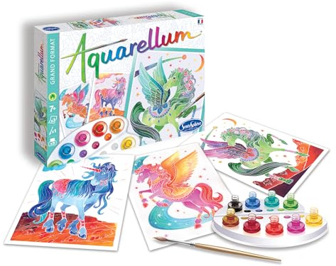 SentoSphère- Aquarellum grand format - LICORNES ET PEGASES - Kit peinture aquarellable - Activité créative avec 3 tableaux 32,5 x 25 cm – 9 peintures - 7 à 99 ans - Fabriqué en France - 6394