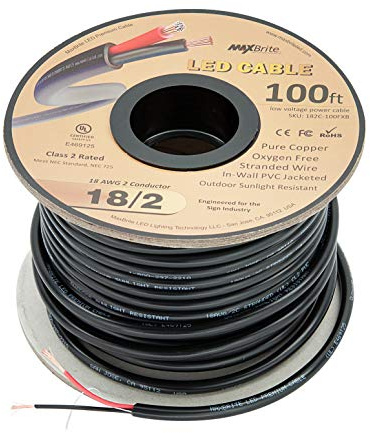 100 ft. 18AWG Low Voltage LED Cable, 2 Conductor, Outdoor Rated, Black Sleeve in-Wall Speaker Wire UL Certified Class 2, Sunlight Resistant