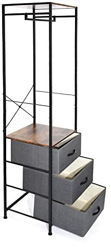 FWStyle Tall Hallway Storage Rack with 3 Grey Linen Drawers, Black Metal Shoe Rack and Coat Rail Stand, Industrial Entryway Furniture Organiser with Shelves, H175 x W42.5 x D38cm