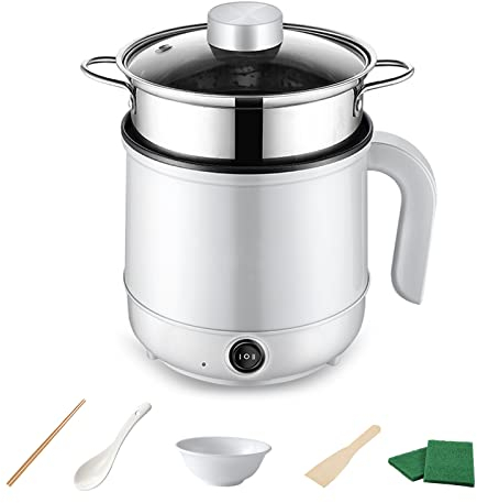 kyaoayo Mini Elektrische Pfanne Mit Deckel，1.7L Elektrischer Hot tragbare Antihaft Topf,Handbuchversion nach Pot für Wohnheim，für schnelles Erhitzen auf Reisen Wohnheim (Weiß mit Dampfer)