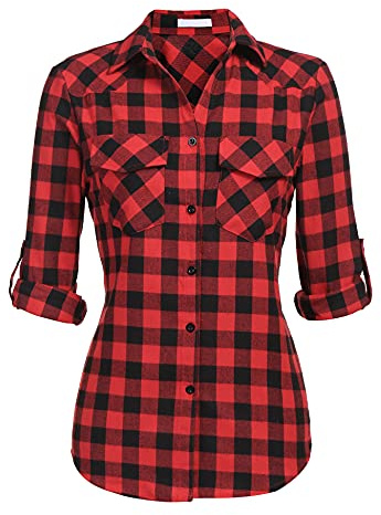 Zeagoo Mujer Camisa Mujer Cuadros Manga Larga Blusa Trabajo Camisetas con Cuello Botones Verano Casual Tops Shirt Básico para Primavera Otoño Invierno Rojo XL