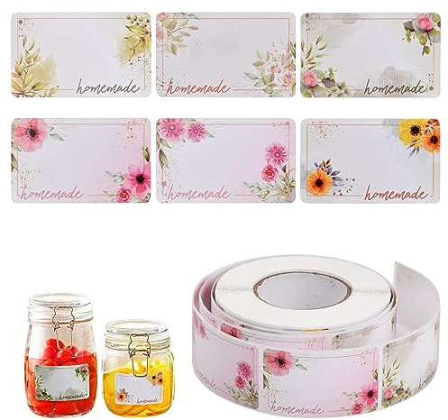 500 st självhäftande syltetiketter för burkar, 3 x 5 cm, lätt att ta bort klibbiga matetiketter med blommor för frys, köksbehållare och flaskor