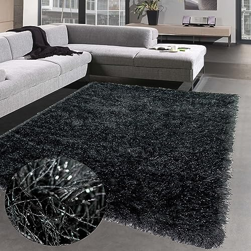 CARPETIA Teppich Wohnzimmer Schlafzimmer Langflor Hochflor flauschig weich Glitzerfäden Anthrazit 120 x 170 cm