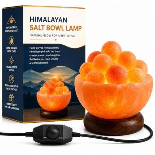 Elkoza Bowl with Balls Handcrafted Salt Lamp Handmade Wood Silhouette Natural Healing IONES Therapeutic 100% Pure Himalayan Pink Crystal Salt Lamp Fine Quality