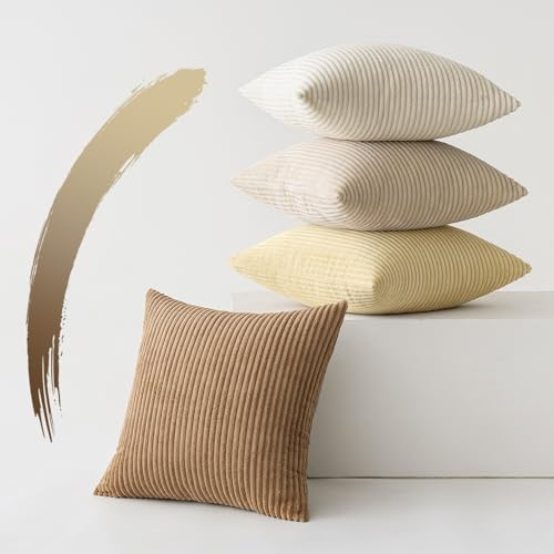 Slozzi 4er Set Kordsamt Kissenbezug Kissenbezüge Kissenhülle Sofakissen Dekokissenbezug Couchkissen Weich für Sofa Schlafzimmer Wohnzimmer Büro, 50x50 cm, Beige Serie