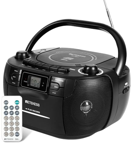 Retekess TR621 CD Player Boombox, Cassette Tape Player AM FM Radio, Stereo Sound, USB and TF Card Playback with Remote Control, Tape Recording, for Home(Black)