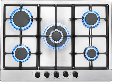 SNDOAS Gaskochfeld 5 Flammig, Edelstahl Gasherd mit Automatischer Flammenschutz, Erdgas und Propangas, 68cm Einbau oder Freistehend Gaskochfeld, 10460W, 220-240V