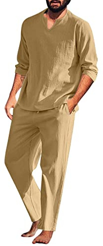 pvucpot Completo Estivo da Uomo 2 Pezzi Casual per Spiaggia Tuta Completa in Cotone e Lino Maglietta a Manica Lunga + Pantaloni con Coulisse Set Uomini abiti da uomo