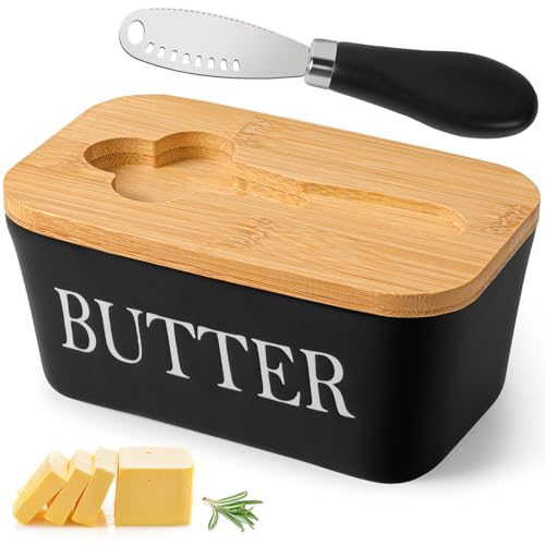 Burriera in Ceramica, Portaburro con Coperchio in Legno e Coltello da Burro, Porta Burro da Frigorifero 250 g, Grande Vassoio per Burro, per Cucine Domestiche, Ristoranti (Nero)