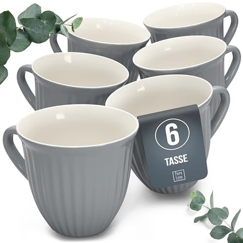 Ensemble de 6 tasses en grès - Set de tasses à café HYGGE design scandinave - Ensemble élégant de tasses à thé et café - rainurées en bleu gris