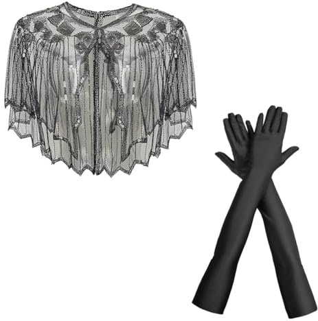 CYGMRFH 2 Pezzi Scialle Anni '20 Con Paillettes Perline, Art Deco Mantello Da Sera Vintage, Avvolge Guanti Lunghi, Ricamato Con Glitter Sottili Per Festa Nuziale