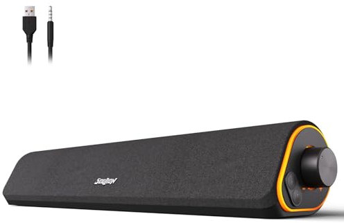SOULION R50 PC Lautsprecher, Bluetooth & 3,5 mm Computer Lautsprecher, USB Betrieben, Bunte Lichter, Soundbar mit Schalter für PC, Laptop, Tablet, Monitor, Smartphone, 42x7x9cm, Schwarz