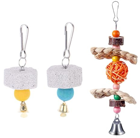 UOPJDD 2 Morceaux De Pierre De Broyage des Oiseaux Et 1 Morceau De Jouet Rongeur, Jouet Mâché, Fournitures pour Animaux De Compagnie, Accessoires À Cage À Oiseaux.