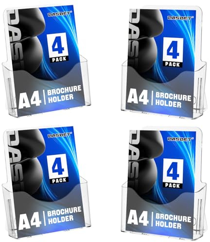 DASBET Acrylic Brochure Holder A4 Perspex Display Stand Acrylic Leaflet Display Rack Plastic Pamphlet Holder Clear Wall Mount Brochure Storage Rack for Magazine, Pamphlet, Booklets 4 Pack(A4)