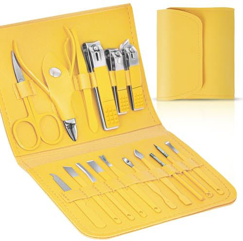 LOPHE Set de Manicura, Manicura y Pedicura Set, 16 Piezas Conjunto Profesional para Uñas, Kit Viaje con Inoxidable Tijeras, Lima, Pinzas y Cortaúñas, Acero Grooming Kit para Hombres Mujeres(Amarillo)