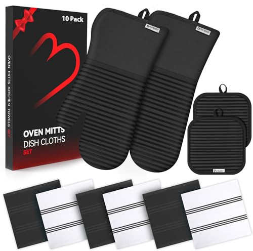 Oven Mitts and Pot Holder Sets with Silicone Grip, 500°F Heat Resistant-6 Pack Dishcloth/Dish Towels for Kitchen 100% Cotton-Value Kitchen Essentials for Cooking, Baking, Grilling-Black
