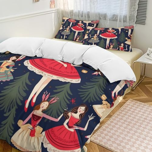 BBNMSJKS Women's Nutcracker Ballet Xmas Dance Printed Duvet Cover Sets with Pillowcases, 3 Pieces Thickened Bed Bedding Set with Zipper for Home Hotel,90x90