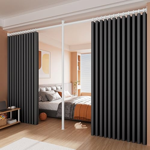 Barras de cortina divisoras ajustables – sin taladrar cortinas opacas con aislamiento térmico, separador de espacio de suelo a techo, color gris oscuro, se adapta a 2,2 m a 3,2 m de ancho
