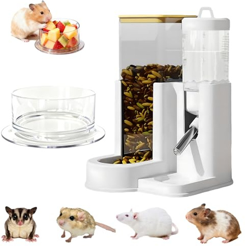 No-Drip 2-in-1 Hamster Water Bottle & Automatic Feeder, All-in-One Small Animal Cage Accessories with Snack Bowl for Hamsters, Mice, Gerbil and Sugar Gliders