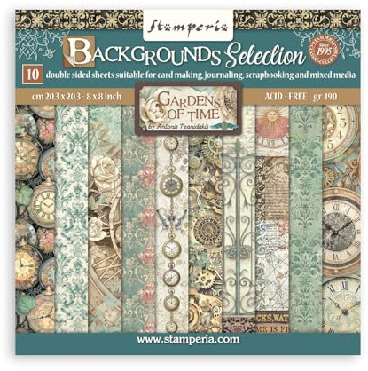 Stamperia - Scrapbook Paper Pad for Scrapbooks, Albums, Cards, Bullet Journals and More, Acid Free, Double-Sided, Perfect for Crafts and Gifting (Gardens of Time Background Selection) (20.3 x 20.3cm)