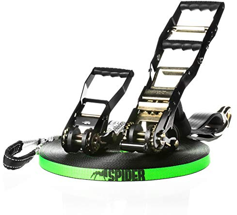 SPIDER SLACKLINE - Kit Longline Fly Line 50, Slackline 45 m, Mandingo-Ratsche slow release XL, weiße Ratsche 2,5 m, Schäkels 1,5T, Baumschutz XL, Slingbag inklusive - Komplett-Kit für Slackliner
