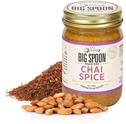 Big Spoon Roasters Chai Almond & Peanut Butter w/Raw Honey & Sea Salt - Keto Friendly, Low Sugar Almond Butter - Crunchy Almond Butter w/Bee-Friendly Almonds - Gourmet, Vegan Nut Butter - 13 Ounces