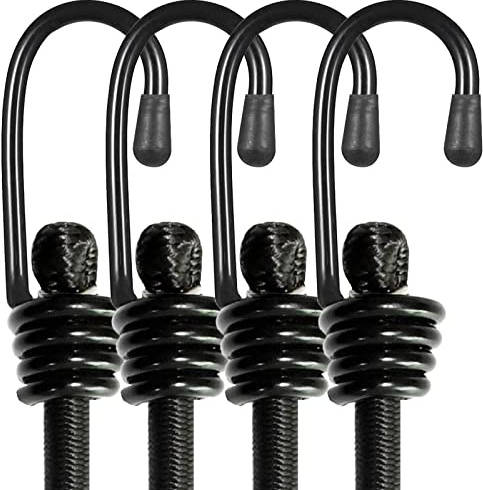 BEXSLE Bungee Cords with Hooks, Heavy Duty Outdoor Elastic Bungee Straps，No Odour Industrial Grade Bungee Rope for Securing Tarps, Luggage, Tents, Bikes or Garden Tidying 48inch 4Pcs (Black)
