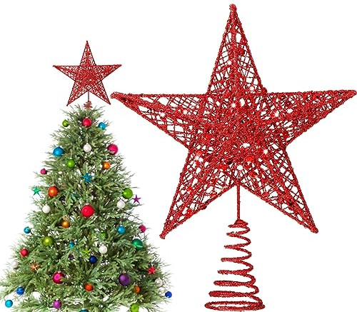 HONGECB Stella Superiore per Albero di Natale, Puntale Scintillante, Topper Decorativo, 20x25 Cm, Rosso