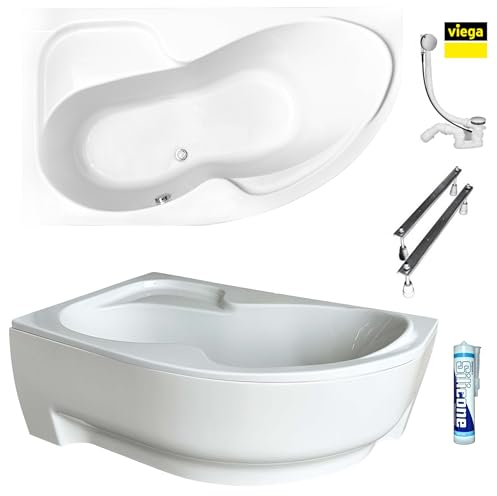 ECOLAM® Badewanne WELA 150x100 cm LINKS Schürze | Wanne mit Antirutsch Beschichtung I Eckwanne Eckbadewanne + Ablaufgarnitur Alcaplast Füße Silikon Komplett-Set Acryl weiß