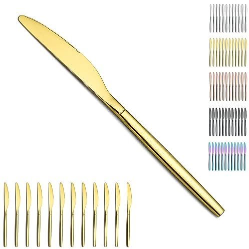 Berglander couteaux de table en or de 12 pièces, couteau moderne en acier inoxydable doré en titane, couteau à beurre, idéal pour la maison, salle de restauration, mariage