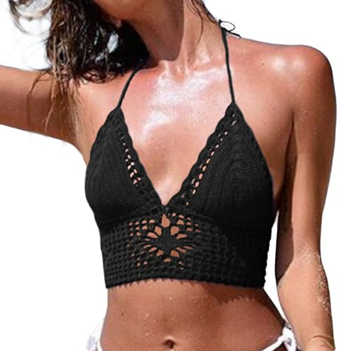 Virkad halterneck topp för kvinnor, rygglös camisole stickad behå, toppar, bralette, sommar, strandmode, svart, M